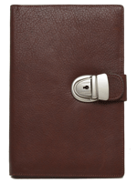 tan leather journal with belt tab closure and keylock